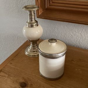 Set of Ceramic Candlestick & Container with Lid.